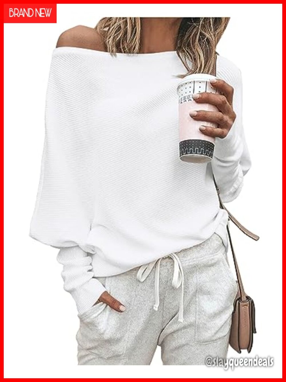 Womens Off The Shoulder Sweater Knit Pullover Batwing Long Sleeve Loose Fit